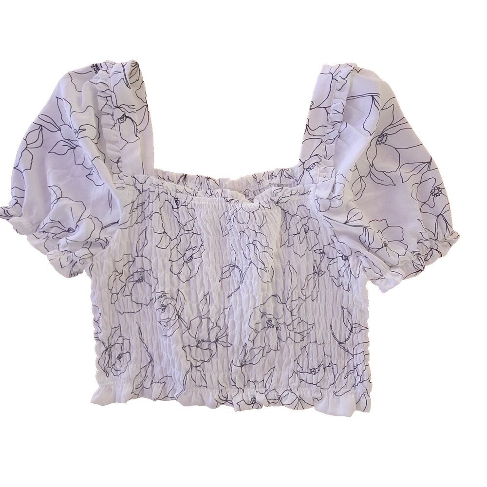 NEW Women's Size L White & Black Floral Accordion Pleated Puff Sleeve Crop Top
